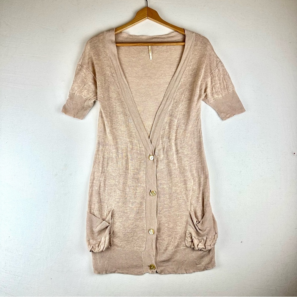 Free People V-Neck Short Sleeve Button Down Linen Cardigan